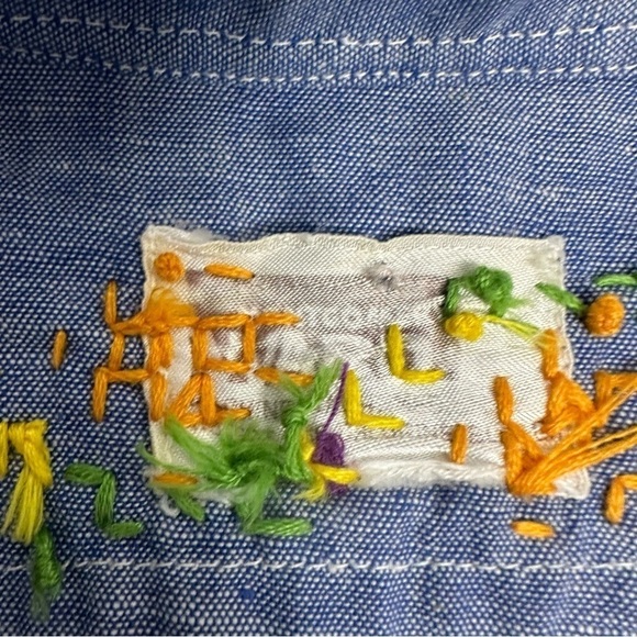 Hand Sewn Large One of A Kind Monogramed JH Embroidered Blue Chambray Shirt - Picture 10 of 13